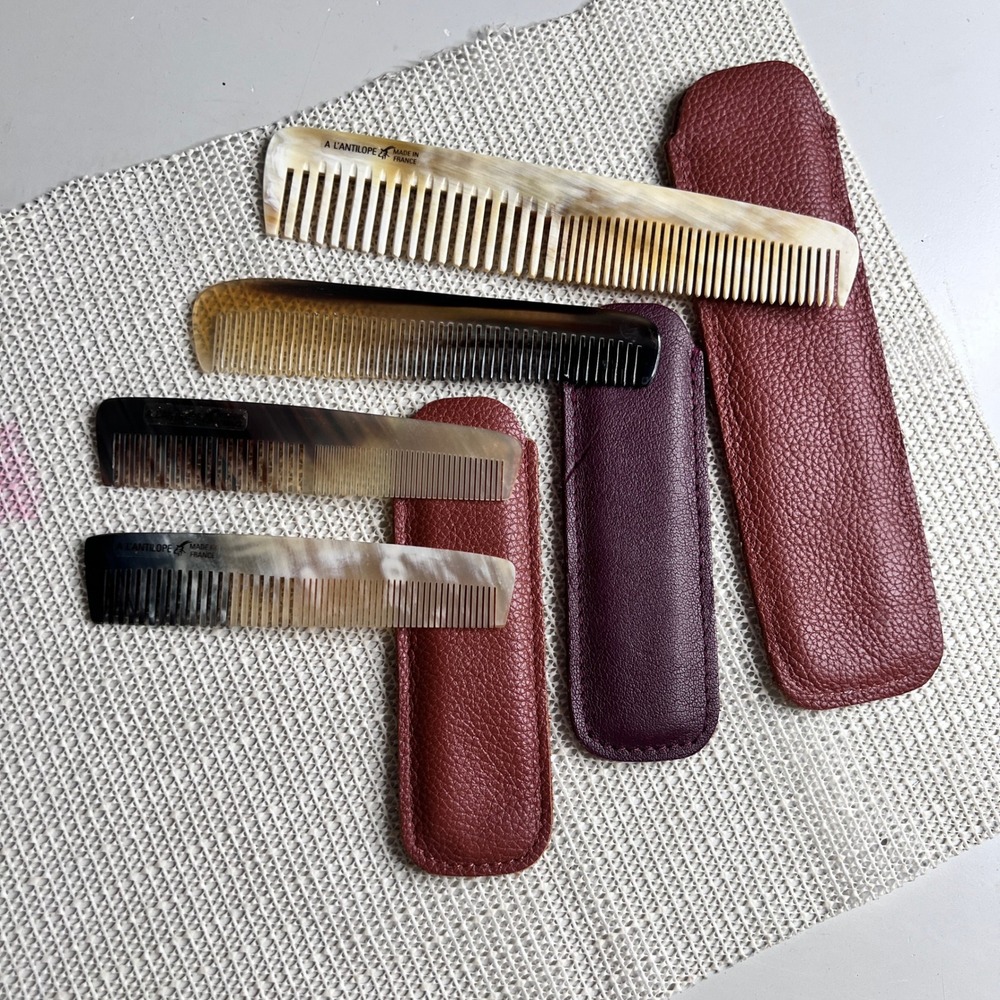 A L'Antilope Made in France Horn Comb Set of 4 with Leather Sleeves Vintage